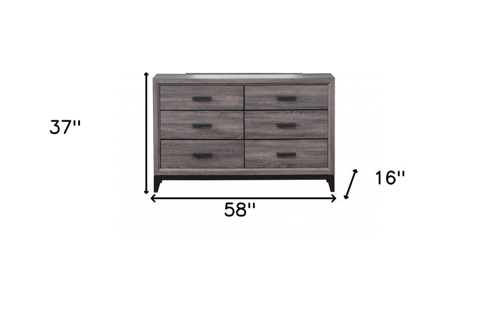 58" Gray Wood Six Drawer Double Dresser