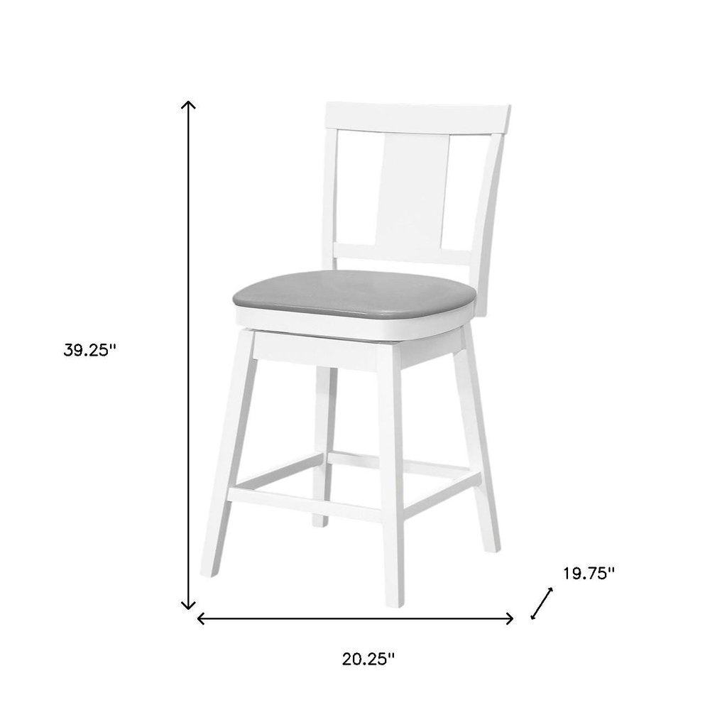 Set of Two 23 " Gray And White Faux Leather And Solid Wood Swivel Counter Height Bar Chairs