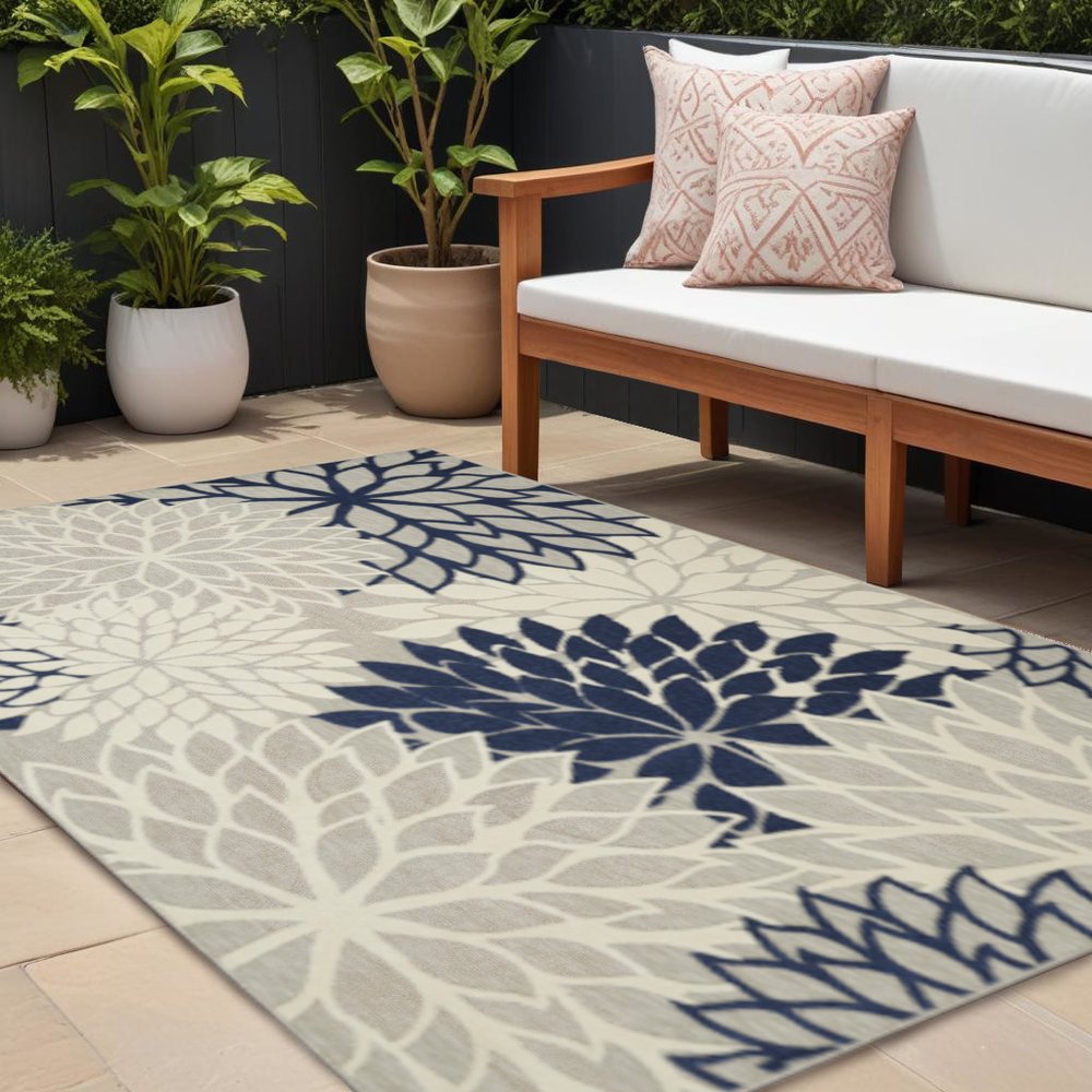 10' X 13' Ivory And Blue Indoor Outdoor Area Rug