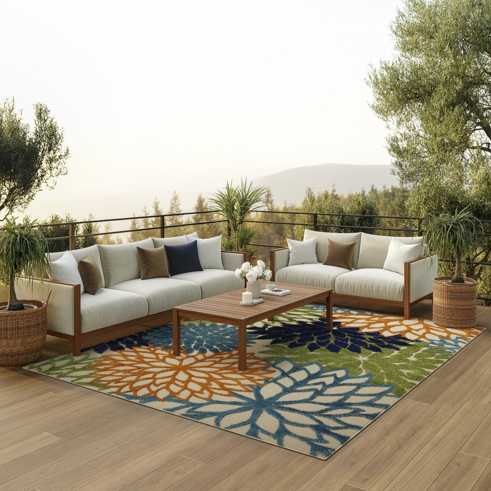 9' X 12' Blue And Orange Indoor Outdoor Area Rug