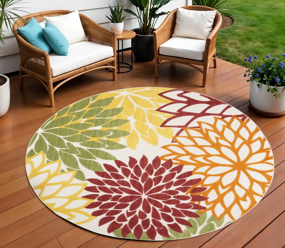 8' X 8' Red And Ivory Indoor Outdoor Area Rug