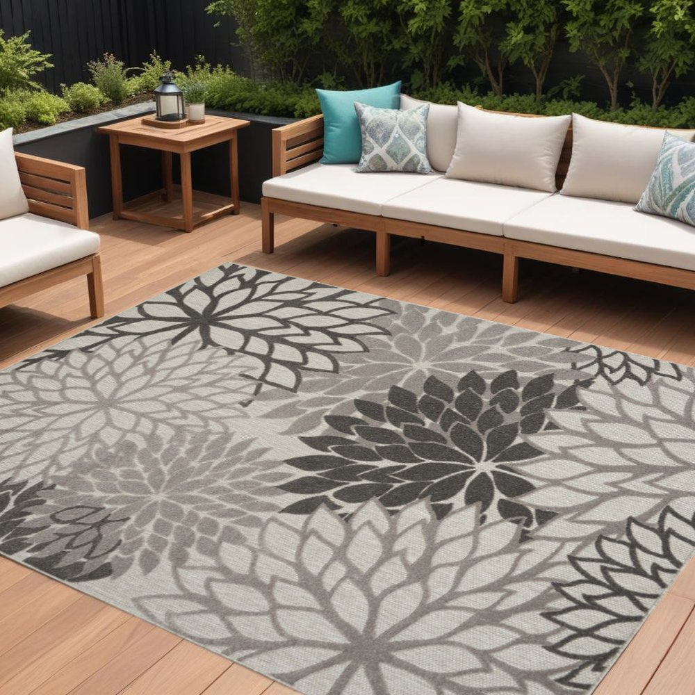 10' X 13' Silver Grey Floral Non Skid Indoor Outdoor Area Rug