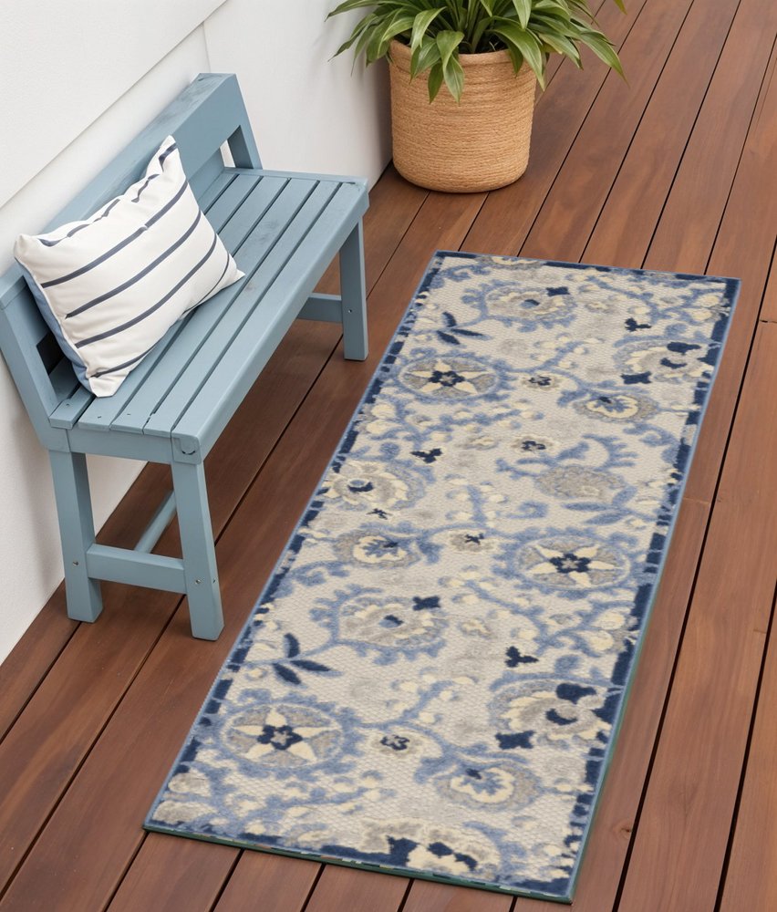 6' Blue And Gray Indoor Outdoor Runner Rug