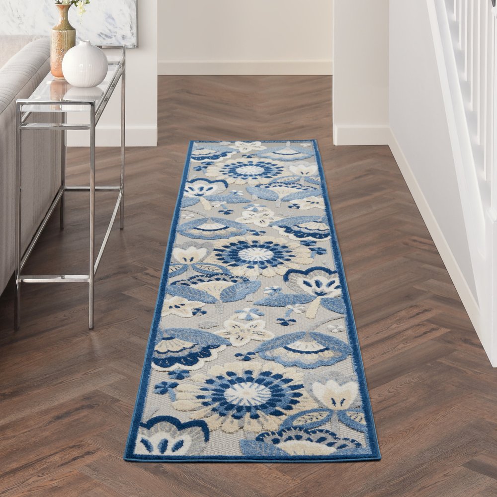 10' Blue And Gray Indoor Outdoor Runner Rug