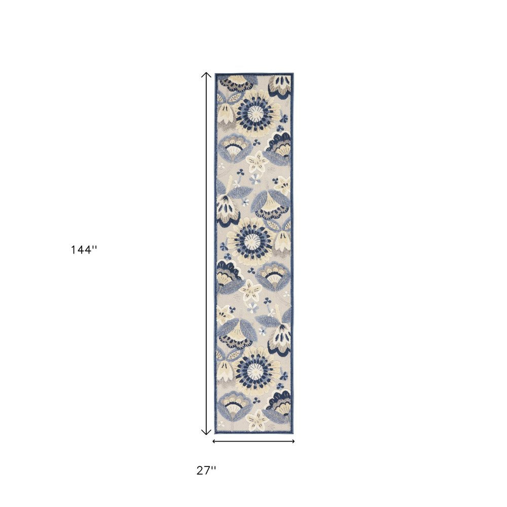 12' Blue And Gray Indoor Outdoor Runner Rug