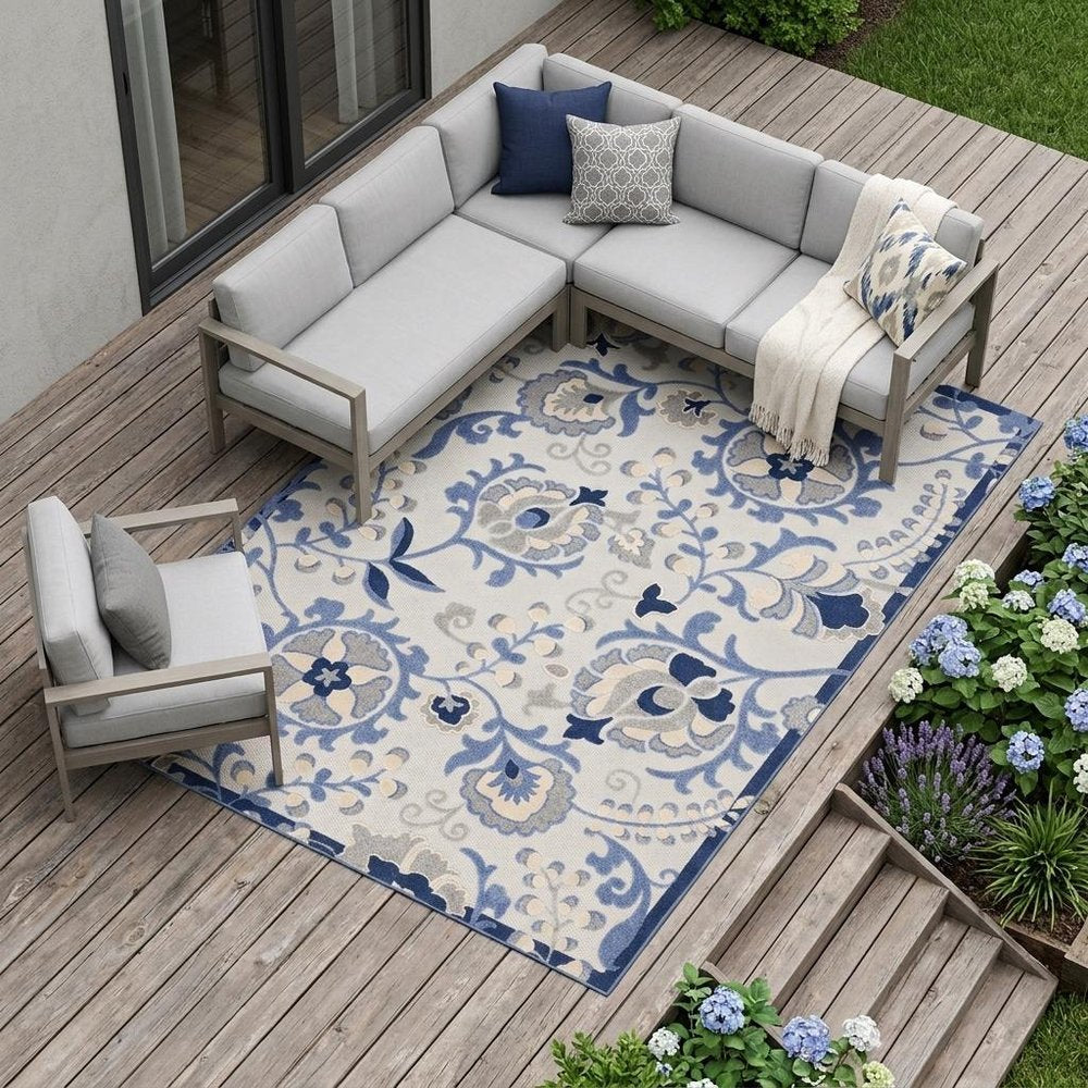 9' X 12' Blue And Gray Indoor Outdoor Area Rug
