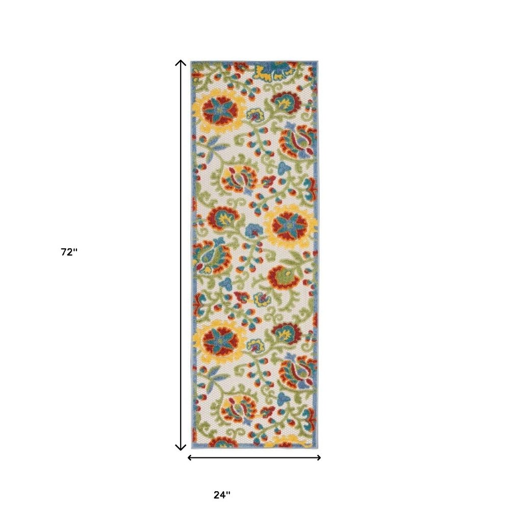 6' Green And Ivory Indoor Outdoor Runner Rug