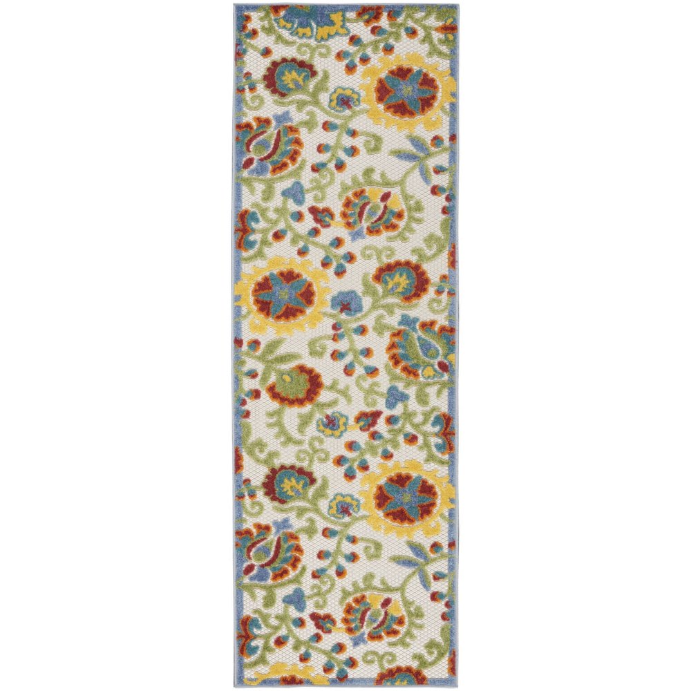 8' Green And Ivory Indoor Outdoor Runner Rug
