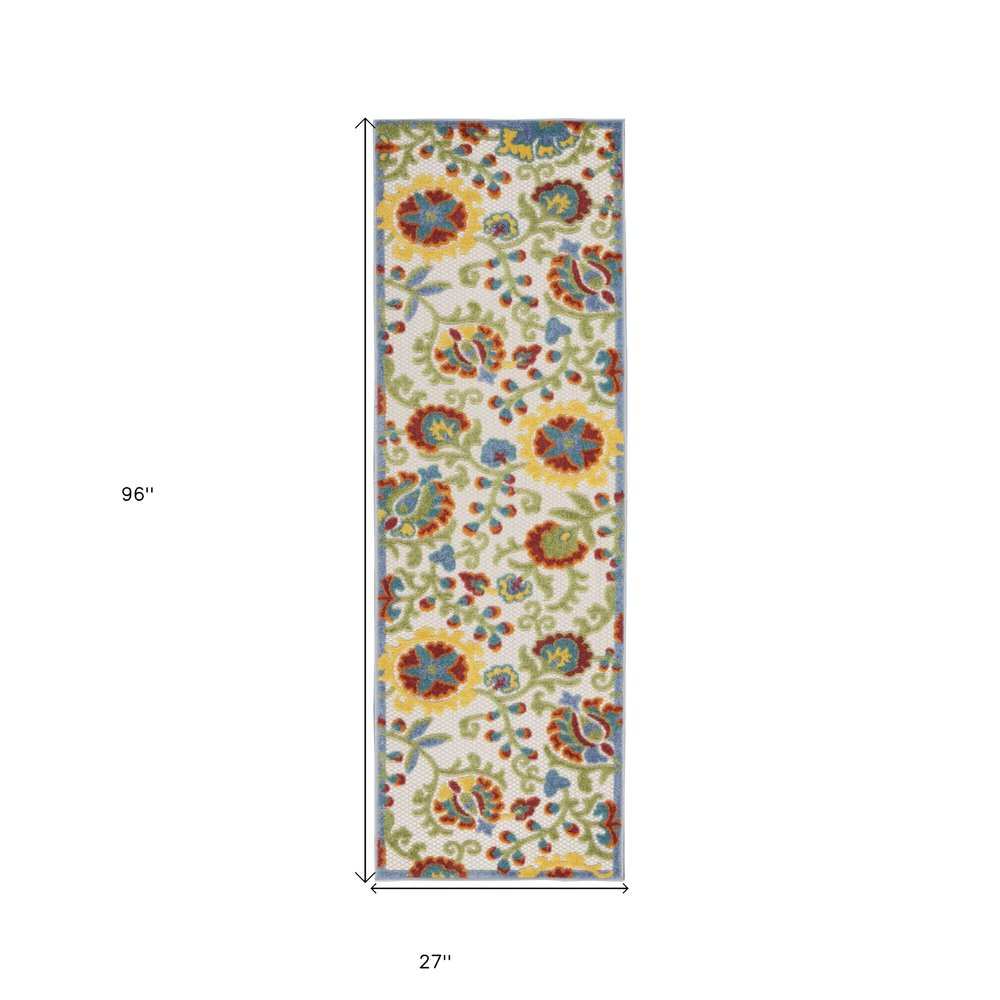 8' Green And Ivory Indoor Outdoor Runner Rug