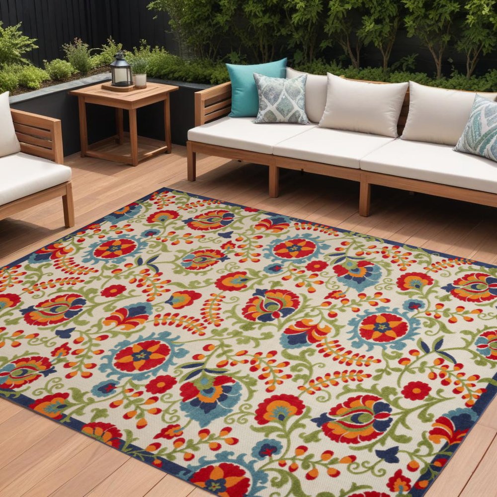 9' X 12' Blue And Beige Indoor Outdoor Area Rug