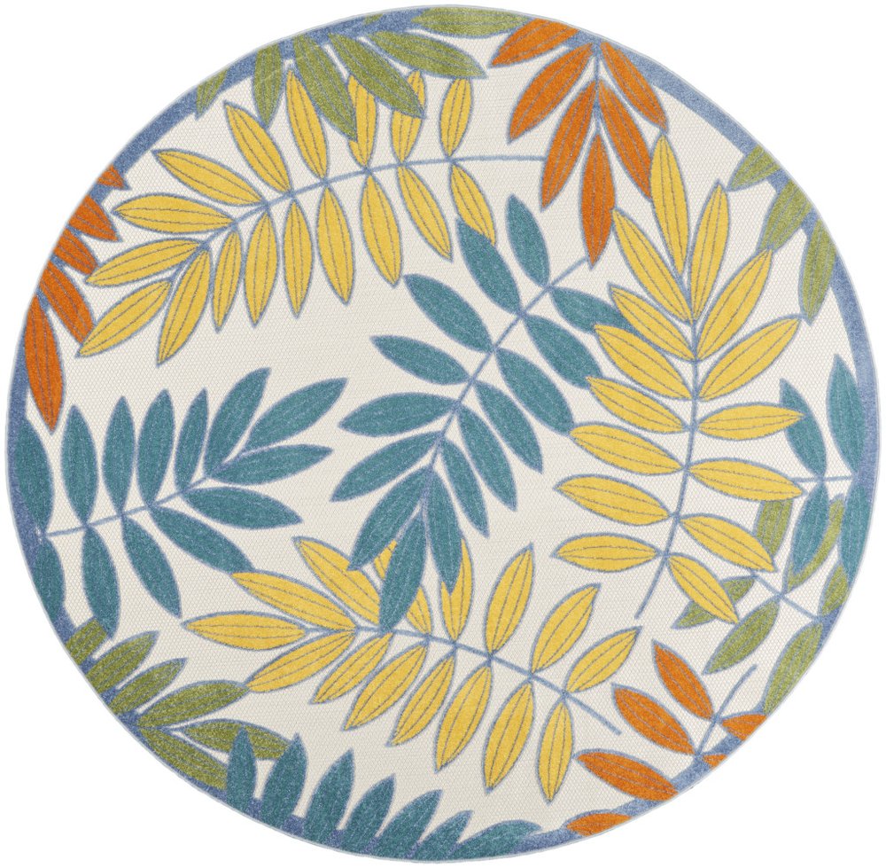 8' X 8' Ivory And Blue Round Indoor Outdoor Area Rug