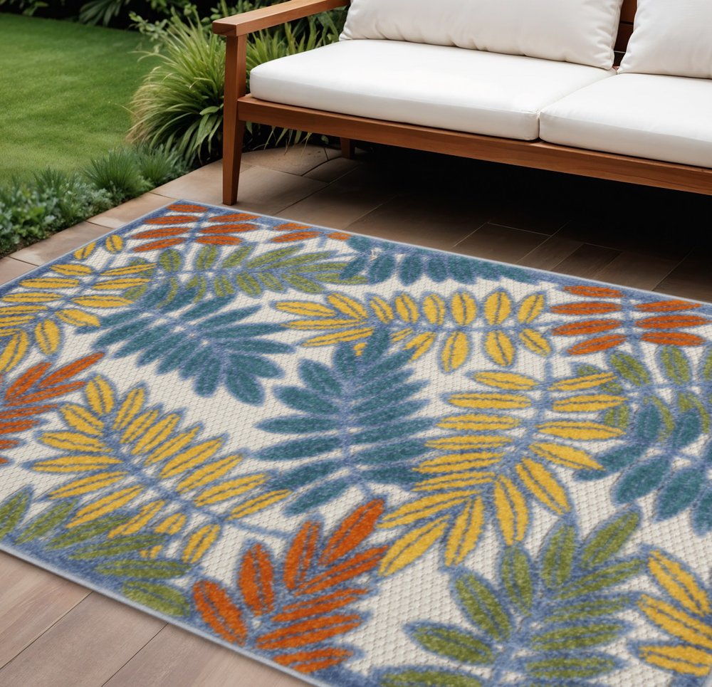 9' X 12' Ivory And Blue Indoor Outdoor Area Rug
