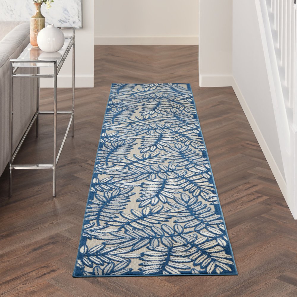 12' Ivory And Blue Indoor Outdoor Runner Rug