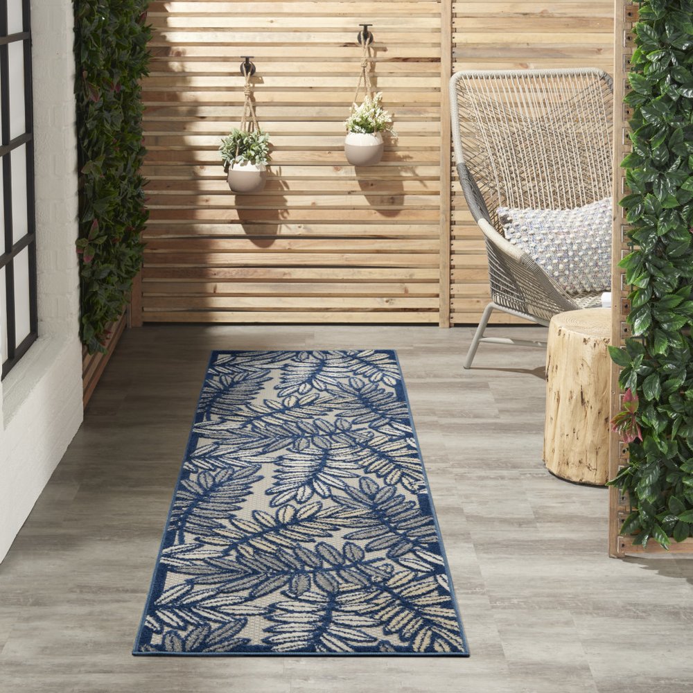 8' Ivory And Blue Indoor Outdoor Runner Rug
