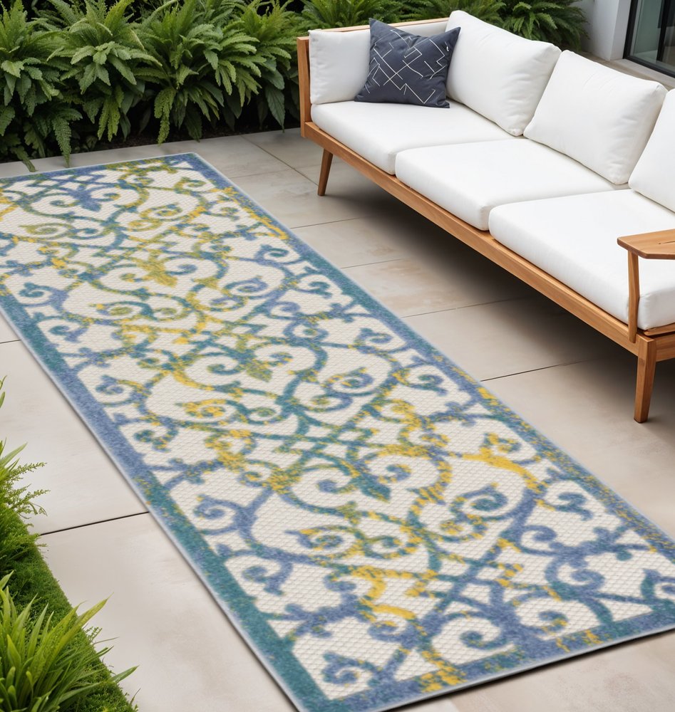 10' Ivory And Blue Indoor Outdoor Area Rug