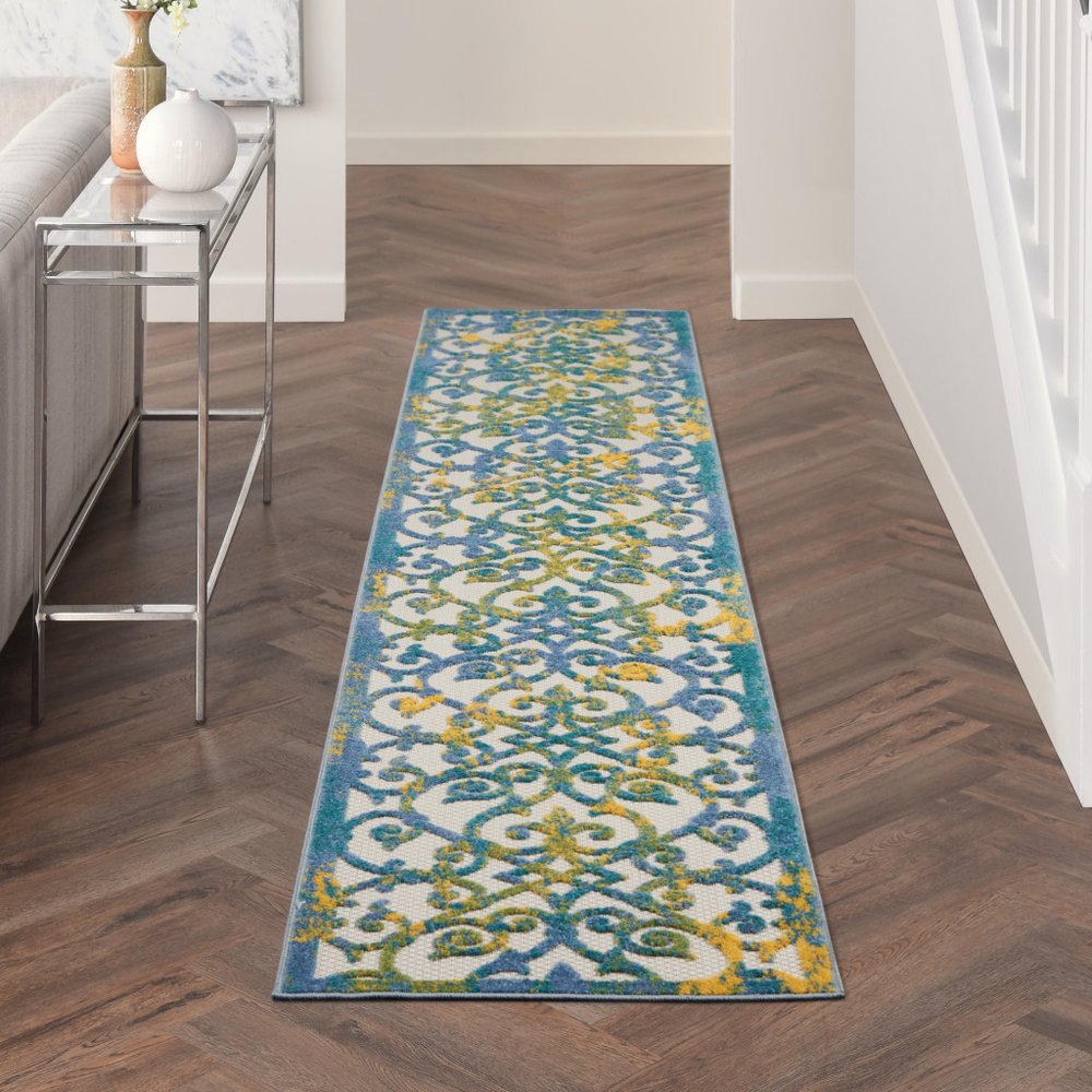 10' Ivory And Blue Indoor Outdoor Area Rug