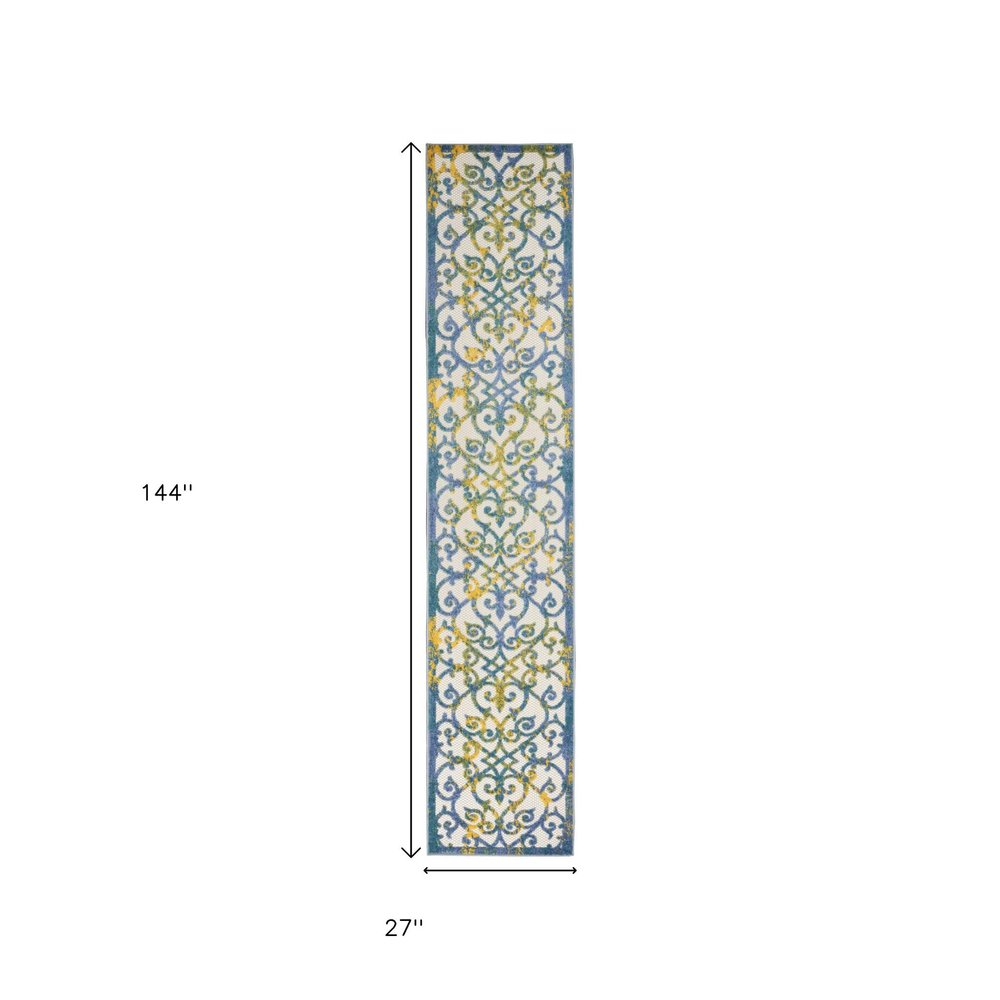 12' Ivory And Blue Indoor Outdoor Area Rug