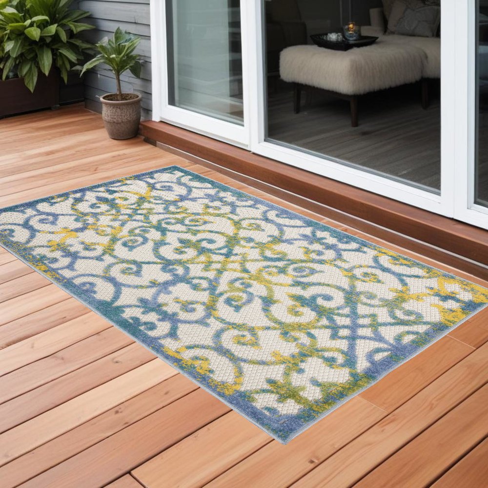 3' X 4' Ivory And Blue Indoor Outdoor Area Rug