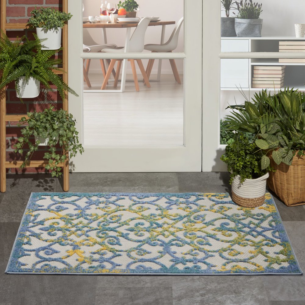 3' X 4' Ivory And Blue Indoor Outdoor Area Rug
