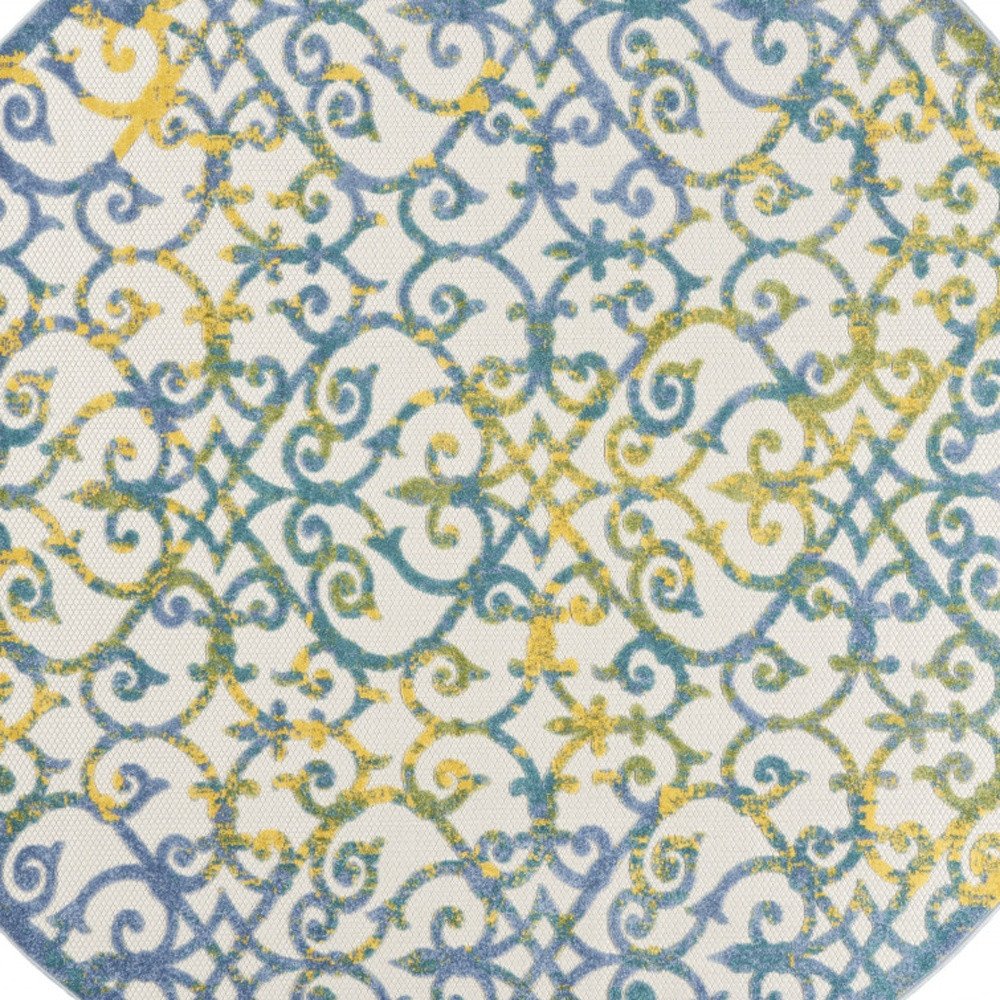 8' X 8' Ivory And Blue Round Indoor Outdoor Area Rug