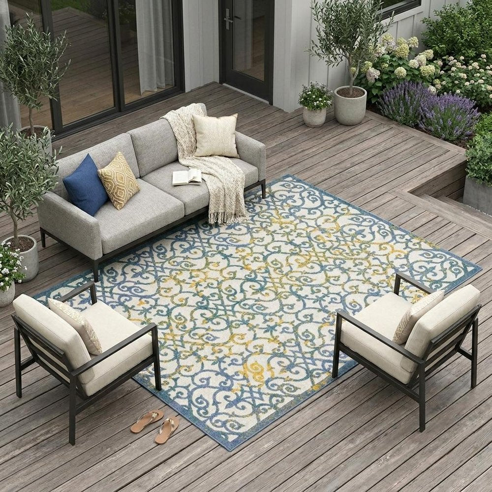 9' X 12' Ivory And Blue Indoor Outdoor Area Rug