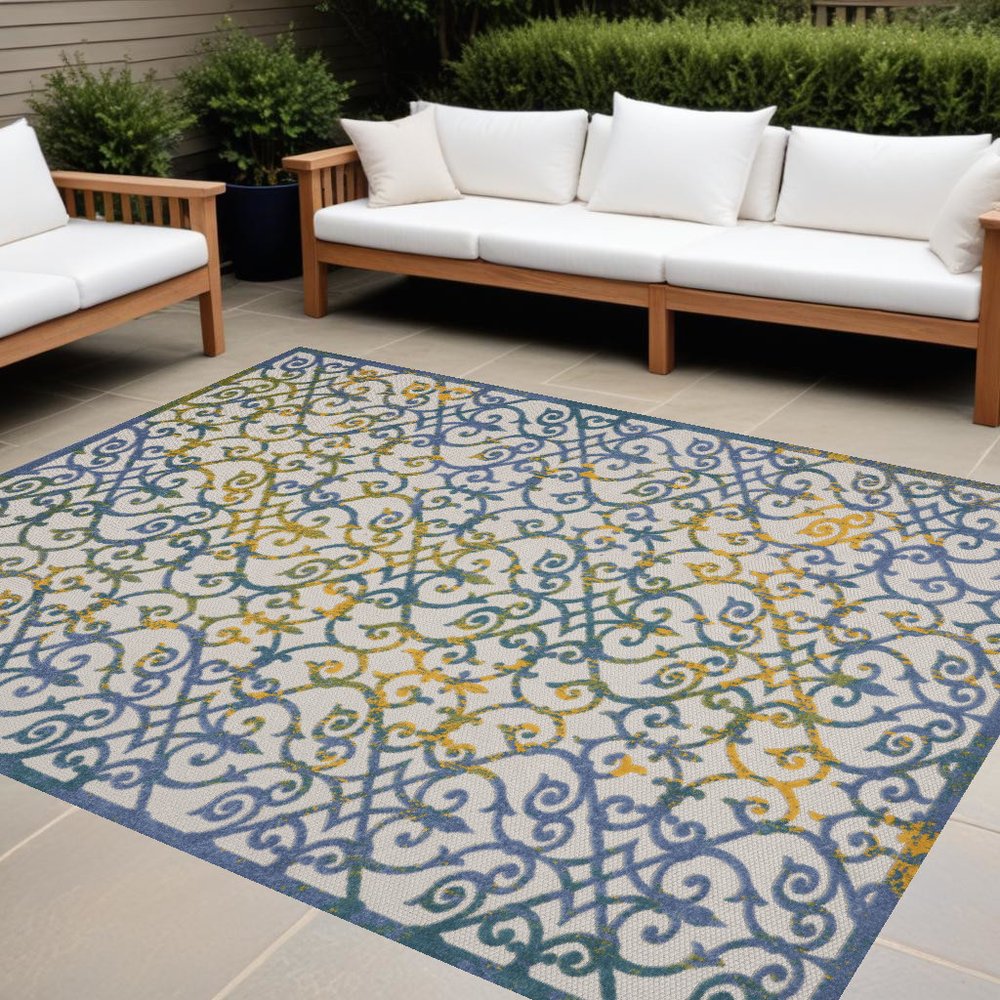 10' X 13' Ivory And Blue Indoor Outdoor Area Rug