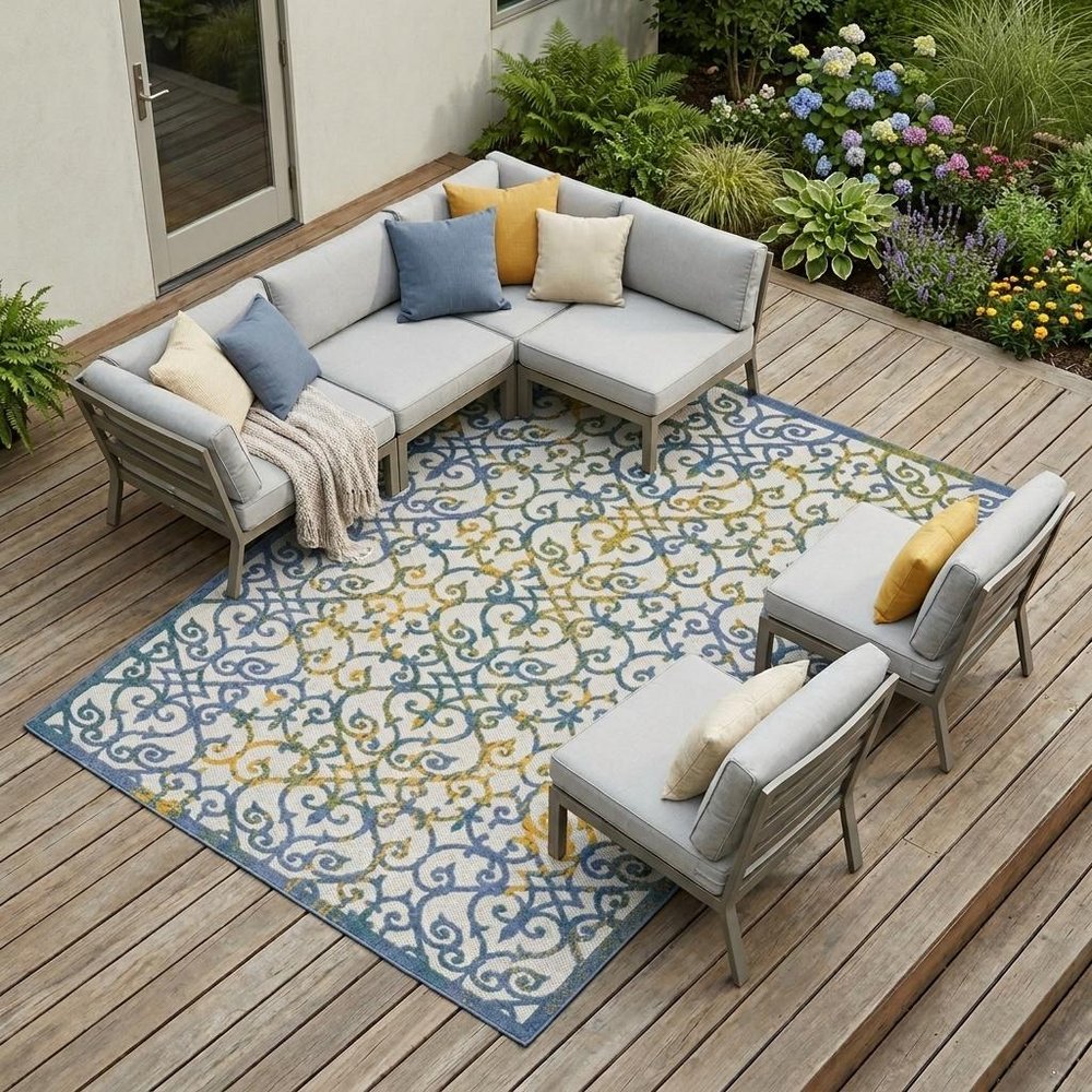 10' X 13' Ivory And Blue Indoor Outdoor Area Rug