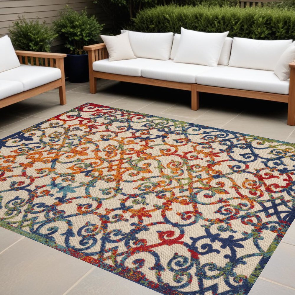 10' X 13' Ivory And Blue Indoor Outdoor Area Rug