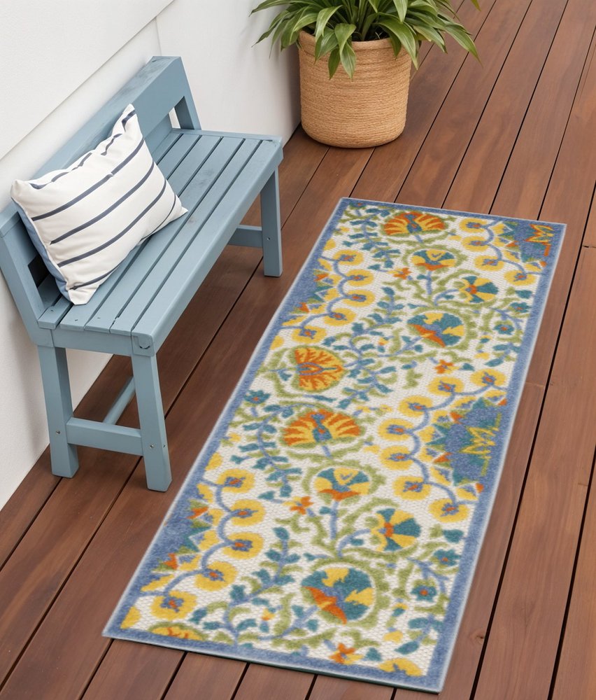 6' Blue And Yellow Indoor Outdoor Runner Rug