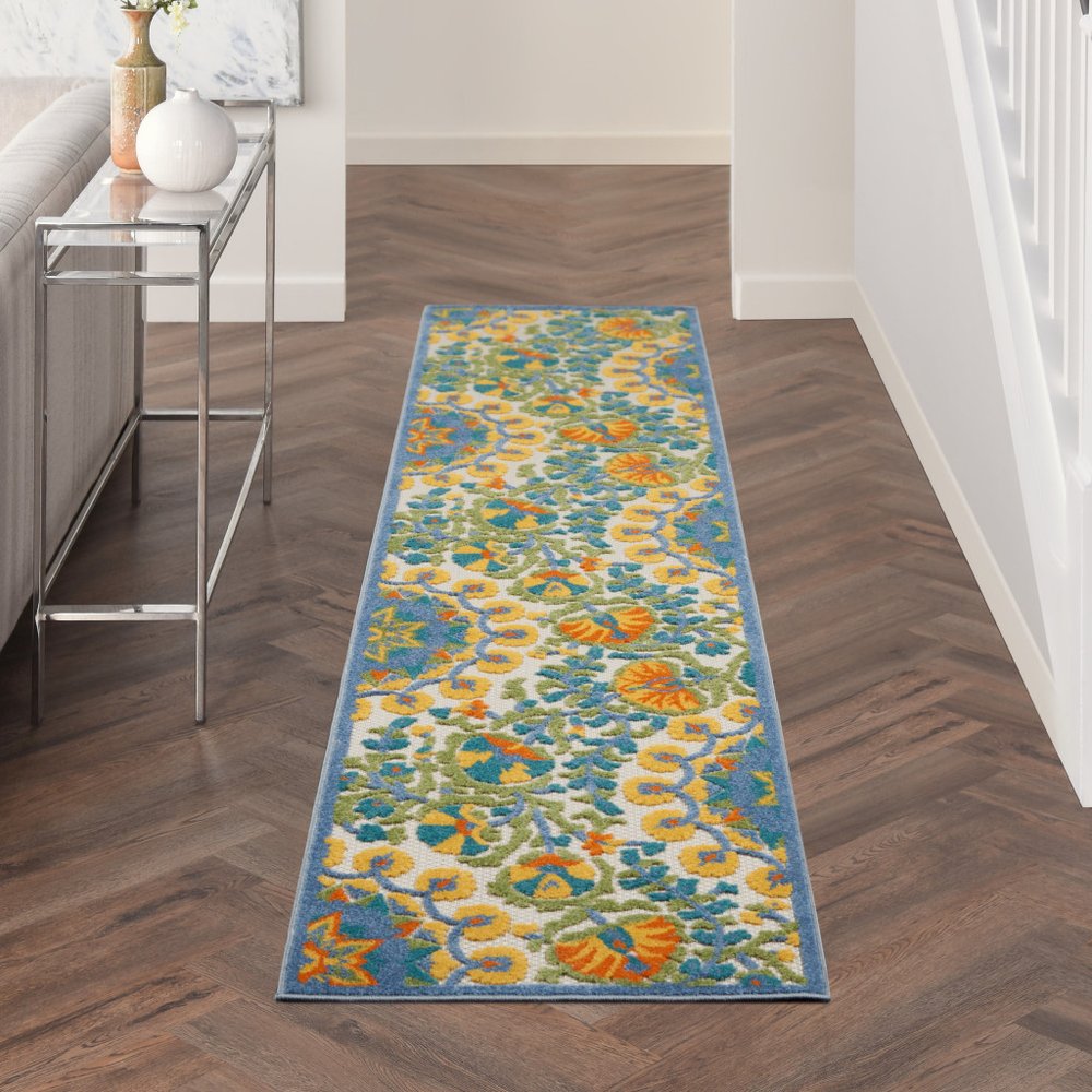 10' Blue And Yellow Indoor Outdoor Runner Rug