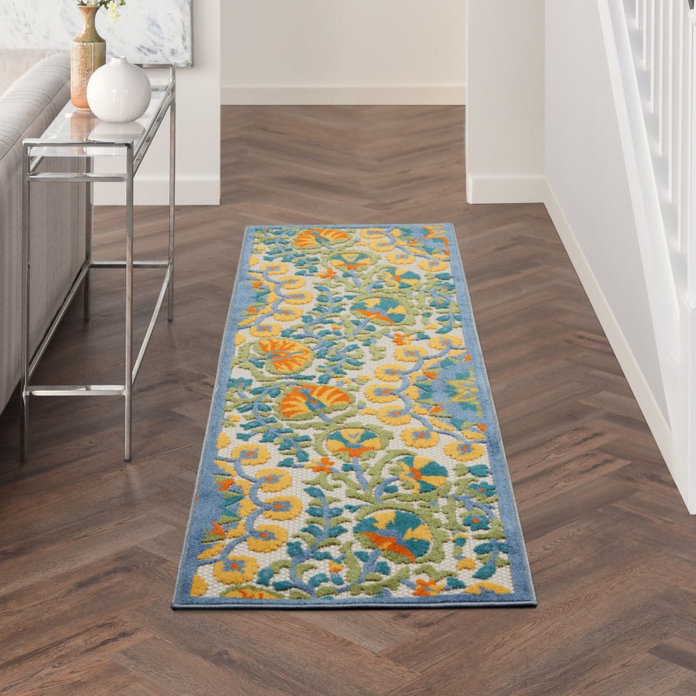 8' Blue And Orange Indoor Outdoor Runner Rug