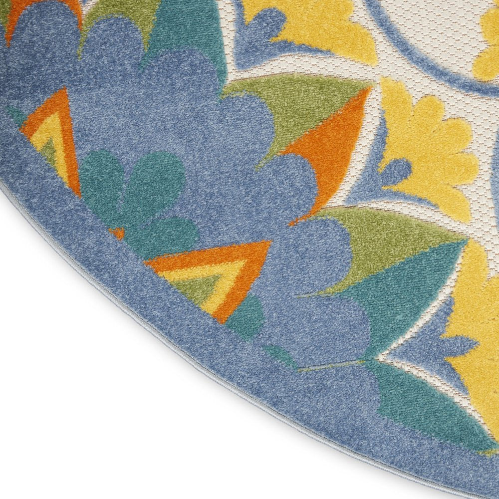 8' X 8' Blue And Yellow Round Indoor Outdoor Area Rug