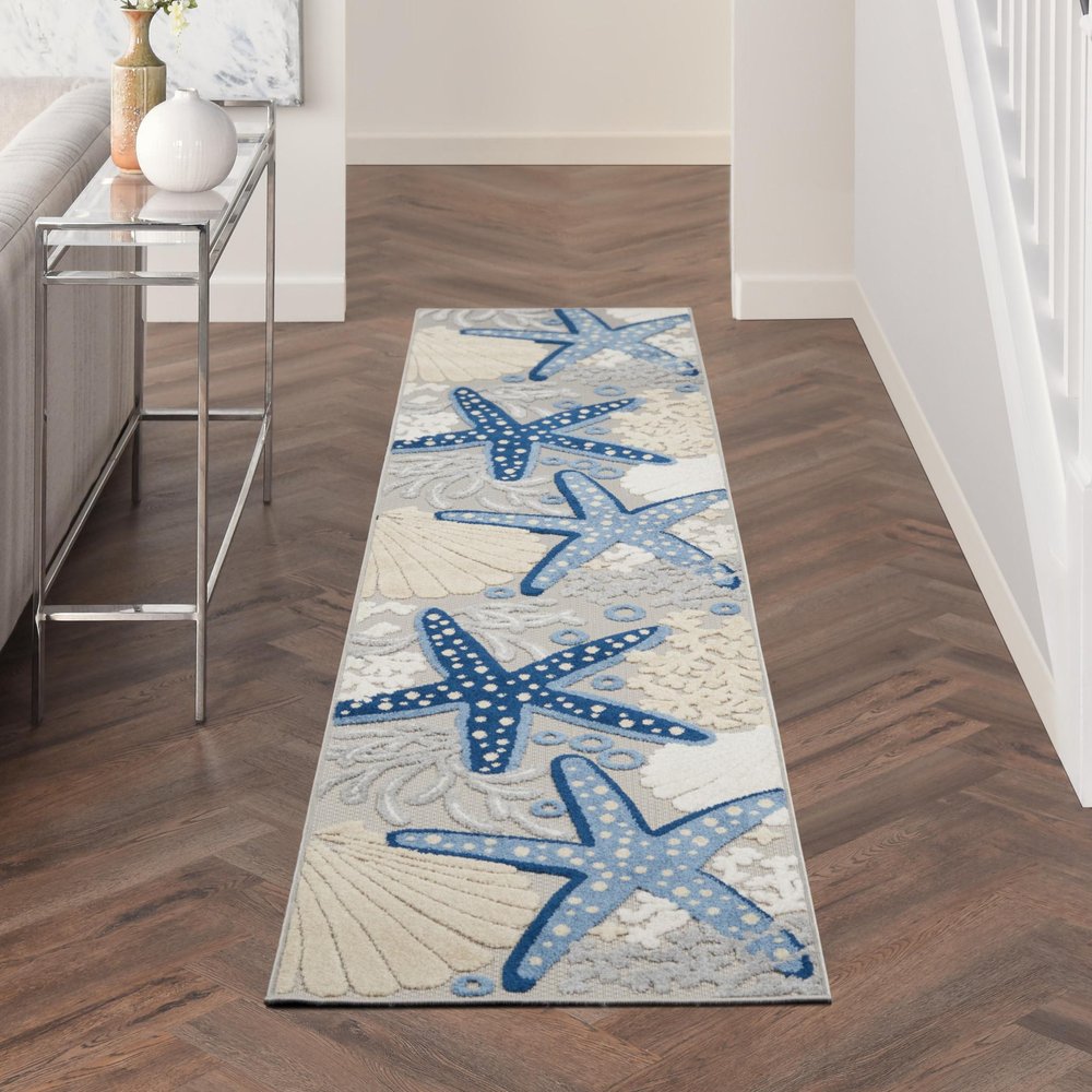 10' Blue And Gray Indoor Outdoor Runner Rug