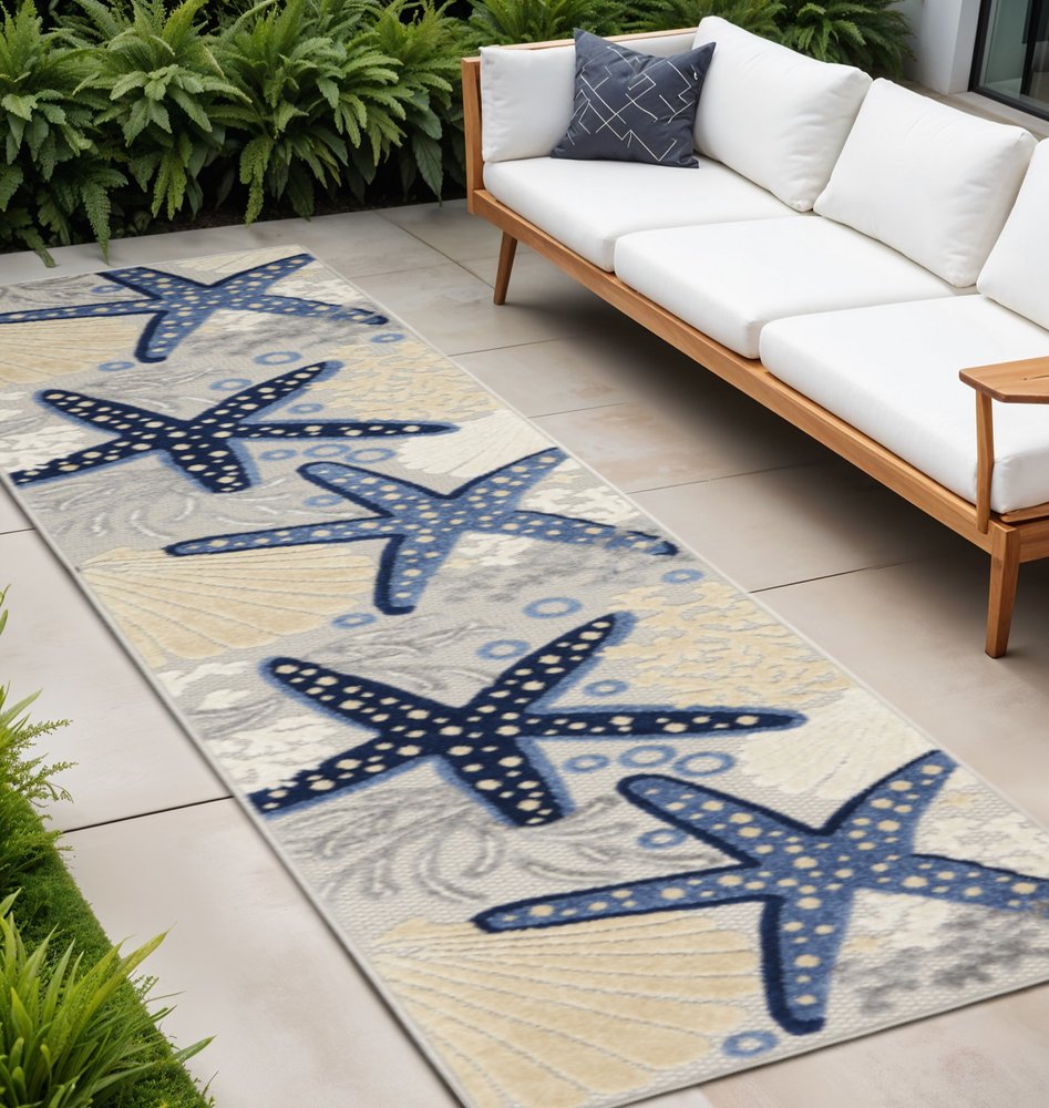 12' Blue And Gray Nautical Indoor Outdoor Runner Rug