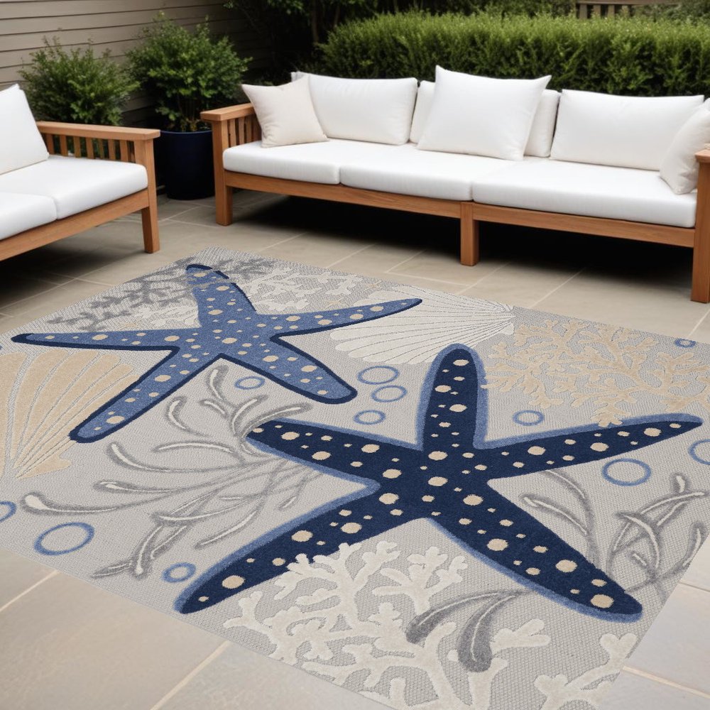 10' X 13' Blue And Gray Starfish Indoor Outdoor Area Rug
