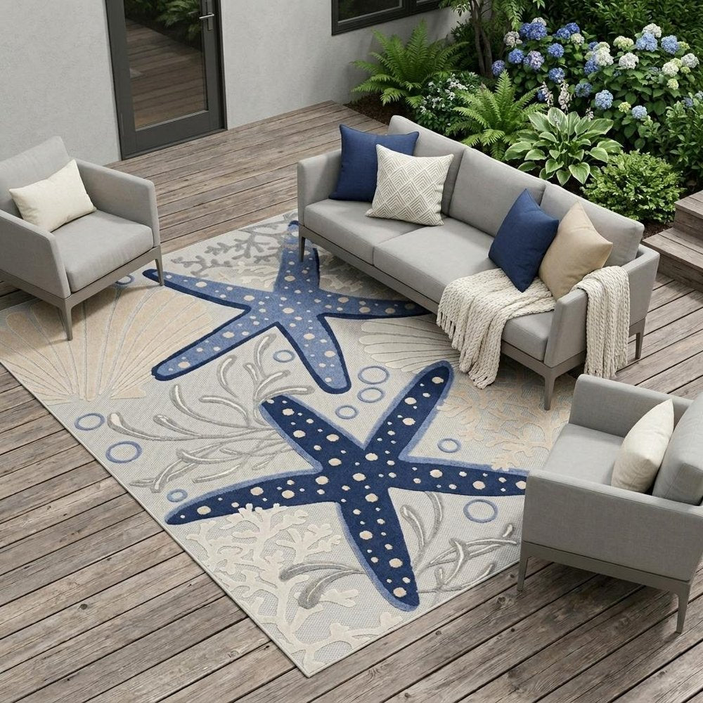 10' X 13' Blue And Gray Starfish Indoor Outdoor Area Rug