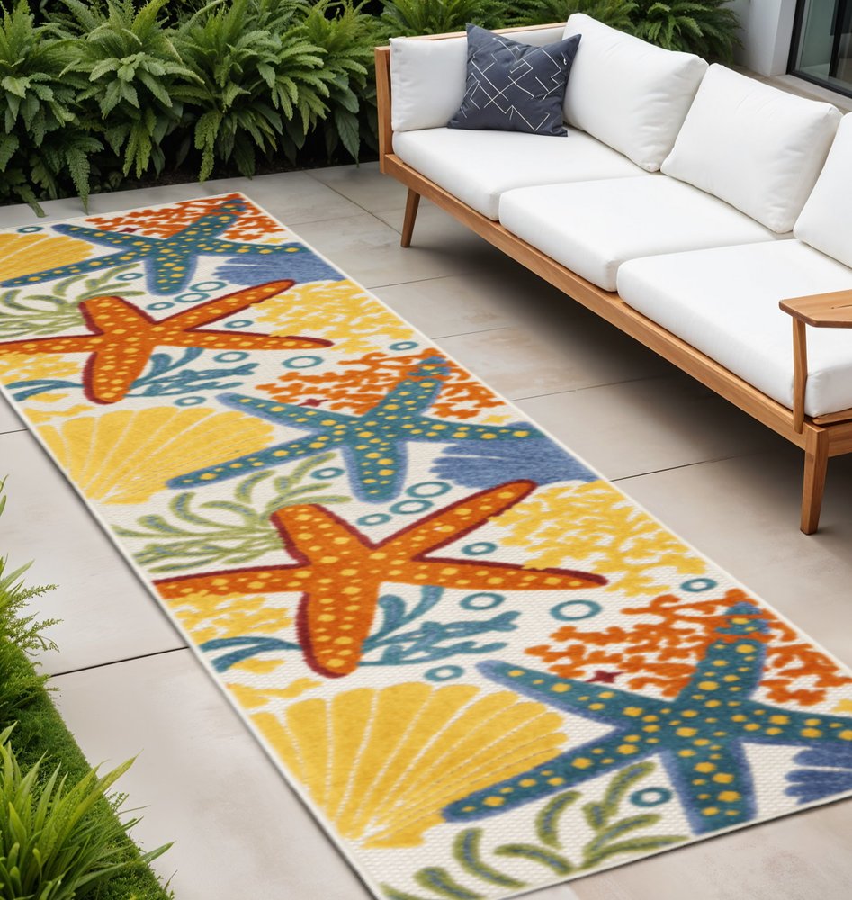 10' Blue And Yellow Indoor Outdoor Runner Rug