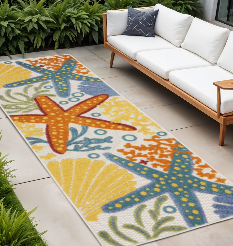 8' Blue And Orange Indoor Outdoor Runner Rug