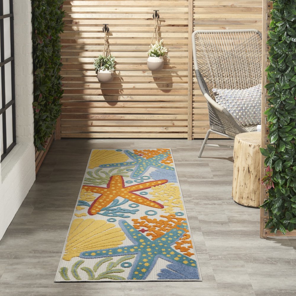 8' Blue And Orange Indoor Outdoor Runner Rug