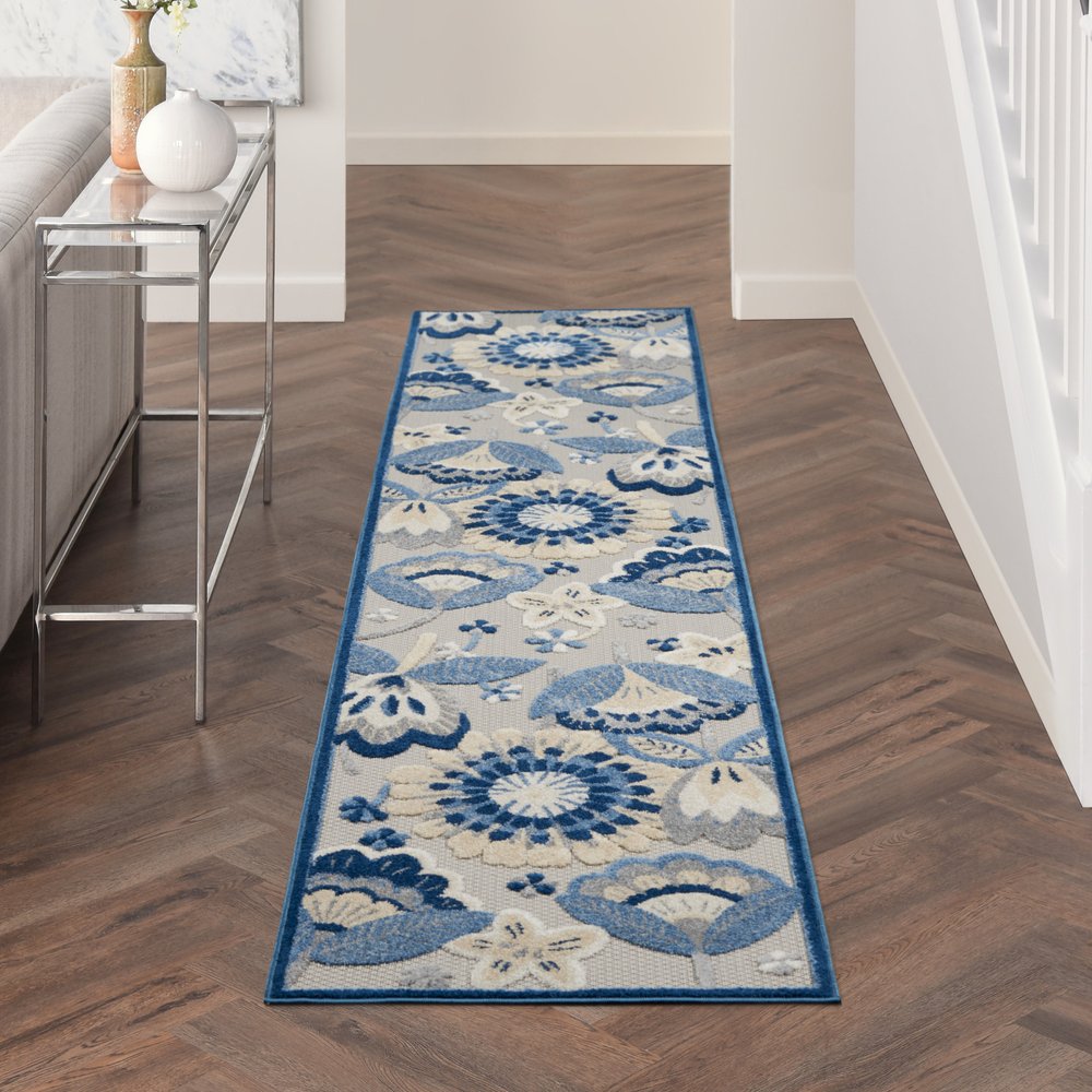 10' Blue And Gray Indoor Outdoor Runner Rug