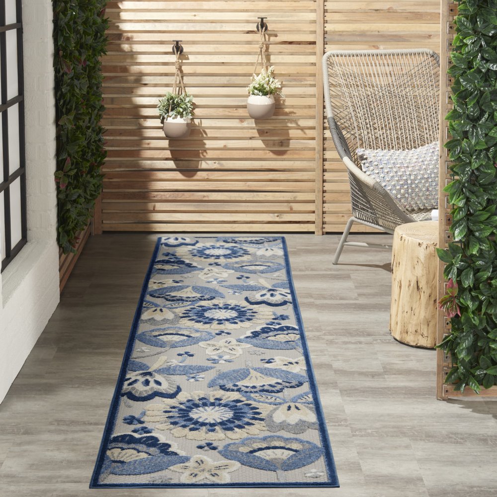 12' Blue And Gray Indoor Outdoor Runner Rug