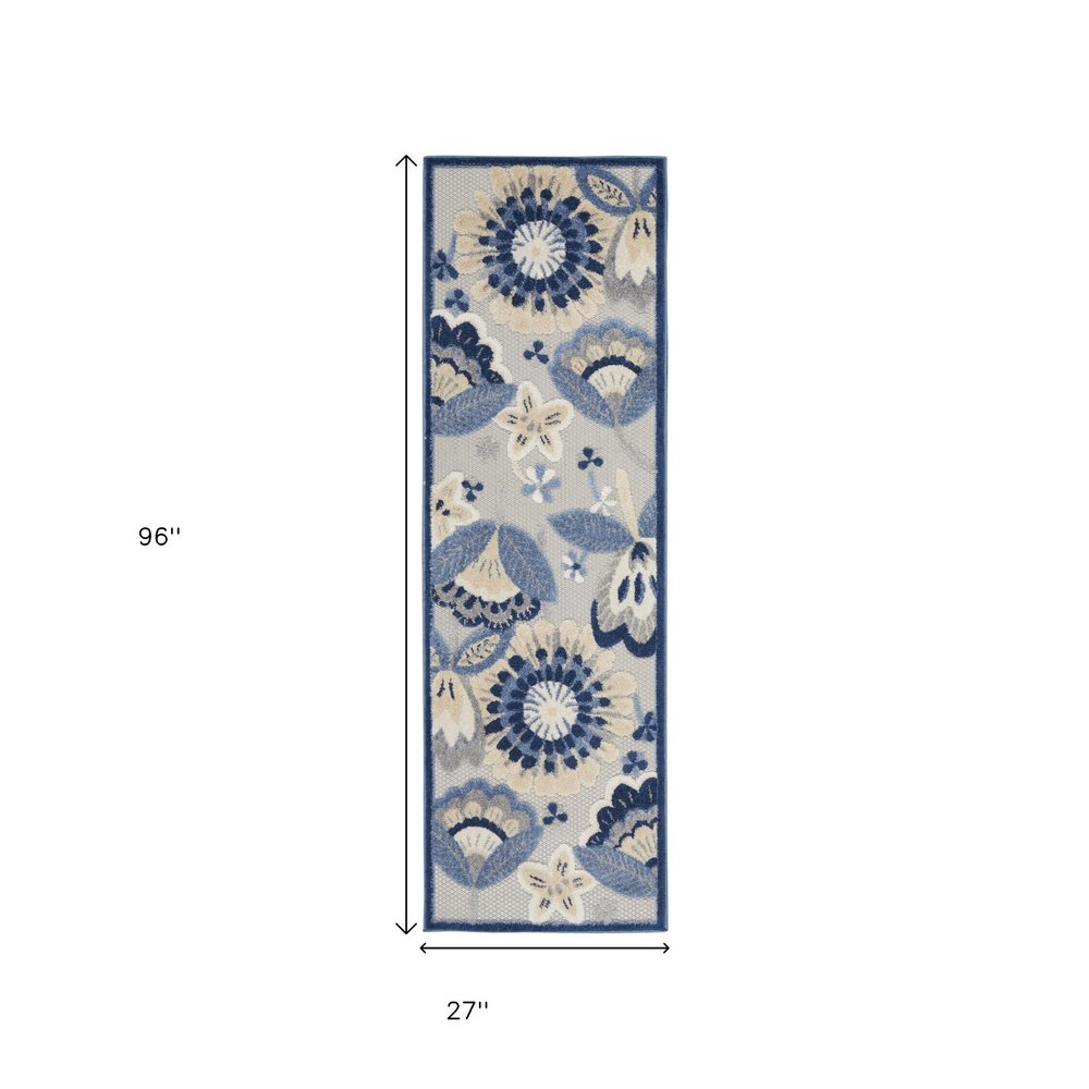 8' Blue And Gray Indoor Outdoor Runner Rug