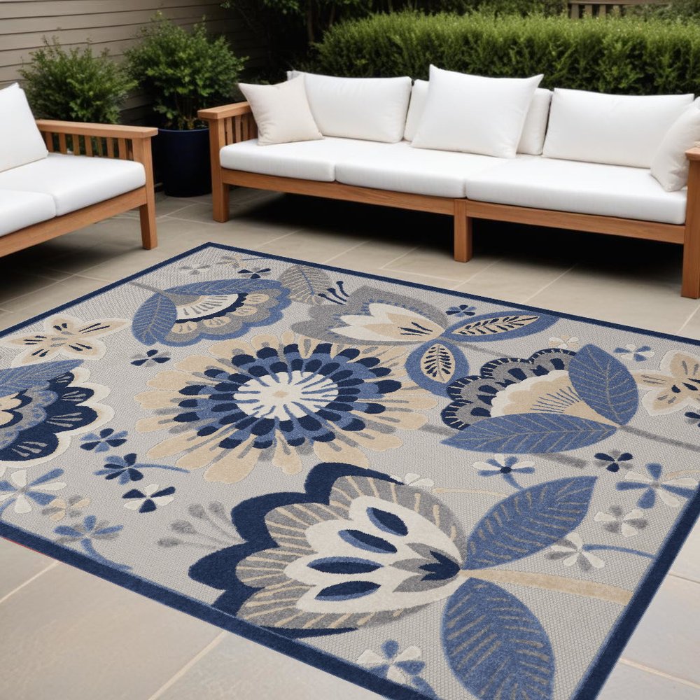 9' X 12' Blue And Gray Indoor Outdoor Area Rug