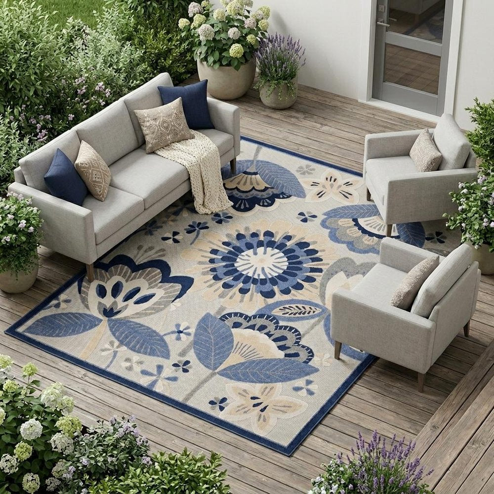9' X 12' Blue And Gray Indoor Outdoor Area Rug