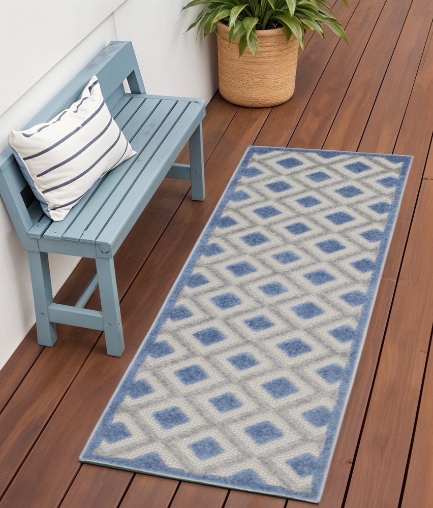 6' Blue And Gray Indoor Outdoor Runner Rug