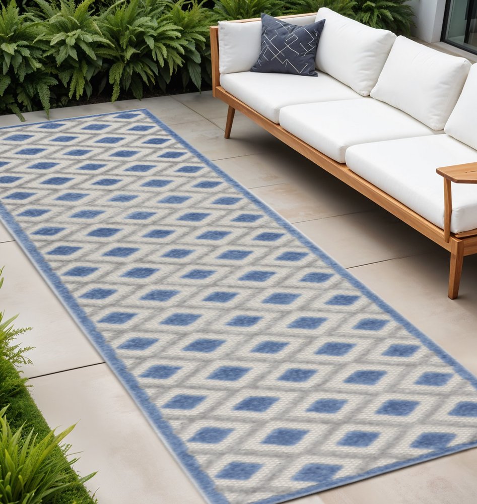 12' Blue And Gray Indoor Outdoor Runner Rug
