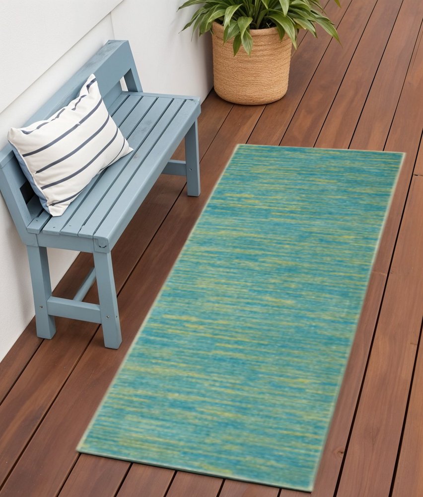 6' Blue And Green Indoor Outdoor Runner Rug