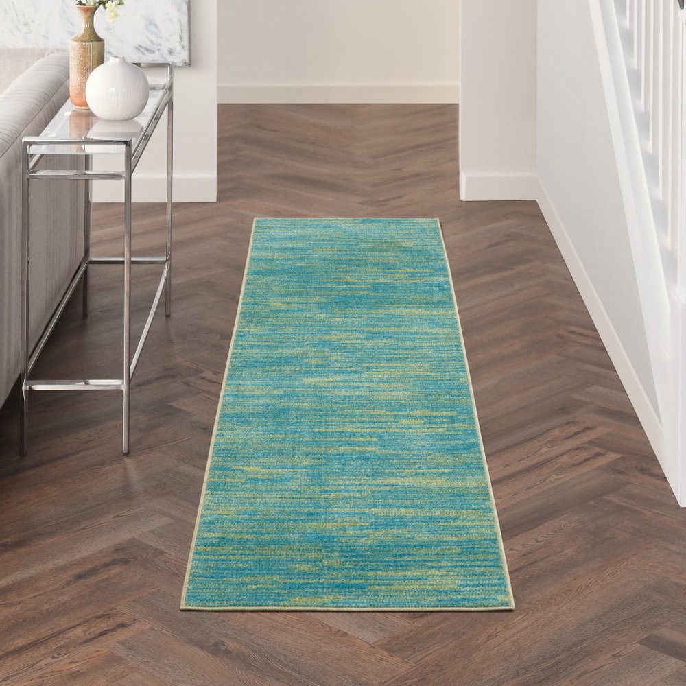 10' Blue And Green Indoor Outdoor Runner Rug