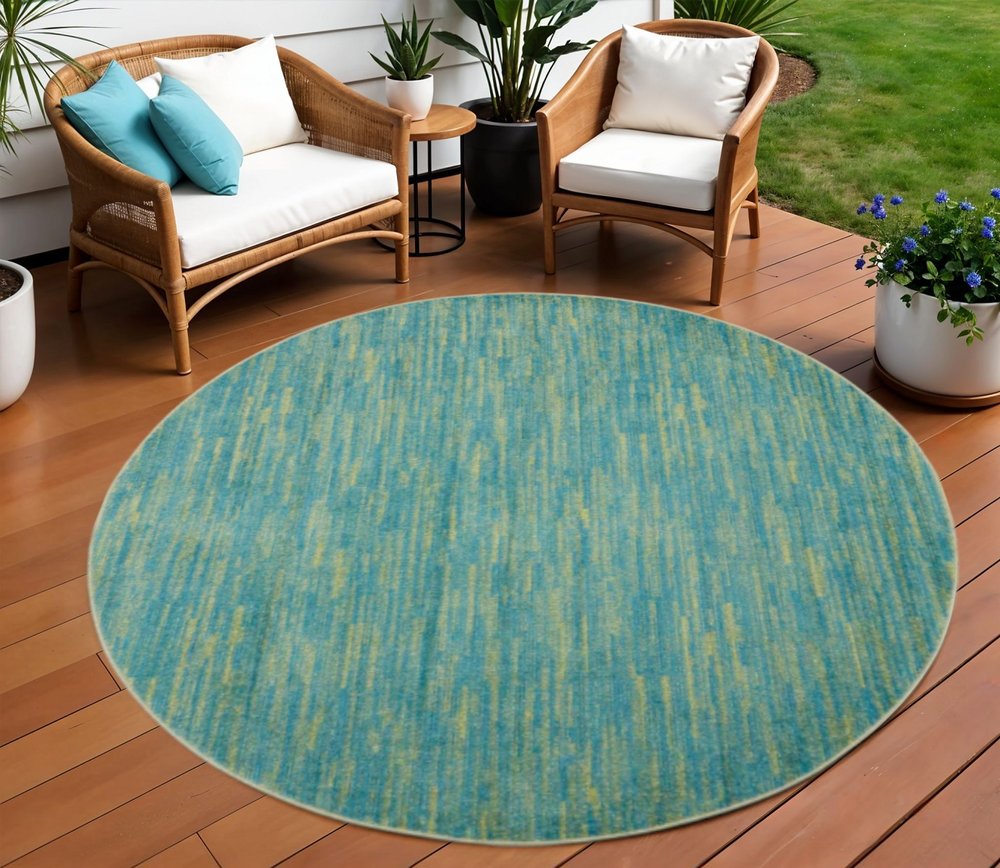 8' X 8' Blue And Green Round Indoor Outdoor Area Rug