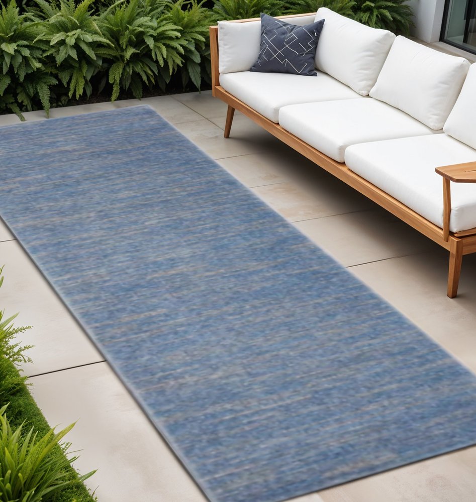 8' Blue And Gray Indoor Outdoor Runner Rug
